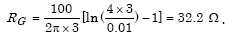 Equation 2 Just after “Example 1: for 20 mm dia. X 3 m Rod”. Given lowercase rho equals 100 ohm-meters, Capital L subscript Capital R equals 3 meters, A subscript Capital R equals 0.01 meters. Capital R subscript Capital G equals the product of parenthesis 100 divided by parenthesis 2 times pi times 3 parenthesis times parenthesis the summation of the natural logarithm of parenthesis 4 times 3 divided by 0.01 parenthesis minus 1 parenthesis which in turn equals 32.2 ohms.