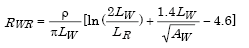Given lowercase rho equals 100 Ohm-meters, Capital L subscript Capital R equals 3 meters, lowercase A subscript Capital R equals 0.01 meters, Capital A subscript Capital W equals Capital A subscript Capital R which in turn equals 3 times 3 which in turn equals 9 square meters, N equals 4, Capital Z subscript Capital W equals 0.3 meters, D subscript Capital W equals 0.0105 meters, Capital L subscript Capital W equals 5 times 3 which in turn equals 15 meters. Capital R subscript Capital W R equals parenthesis lowercase rho divided by the product of pi times Capital L subscript Capital W parenthesis times parenthesis the natural logarithm of parenthesis 0.67 parenthesis plus the quotient of 1.4 times Capital L subscript Capital W divided by the square-root of parenthesis Capital A subscript Capital W parenthesis minus 4.6 parenthesis.