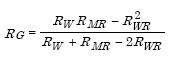 Capital R subscript Capital G equals the quotient of parenthesis Capital R subscript Capital W times Capital R subscript Capital M R minus the square of Capital R subscript Capital W R parenthesis divided by parenthesis Capital R subscript Capital W plus Capital R subscript Capital M R minus the product of 2 times Capital R subscript Capital W R parenthesis.