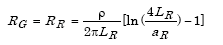 Capital R subscript Capital G equals Capital R subscript Capital R which in turn equals the product of parenthesis lowercase rho divided by parenthesis 2 times pi times Capital L subscript Capital R parenthesis times parenthesis summation of the natural logarithm of parenthesis 4 times Capital L subscript Capital R divided by A subscript Capital R parenthesis minus 1 parenthesis.