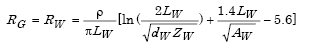 Capital R subscript Capital G equals Capital R subscript Capital W which in turn equals the product of parenthesis lowercase rho divided by the product of pi times Capital L subscript Capital W parenthesis times parenthesis the summation of the natural logarithm of parenthesis 2 times Capital L subscript Capital W divided by the square-root of the product of subscript Capital W times Capital Z subscript Capital W parenthesis plus parenthesis 1.4 times Capital L subscript Capital W divided by the square-root of Capital A subscript Capital W parenthesis minus 5.6 parenthesis.