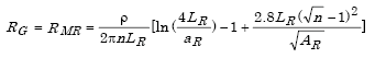 Capital R subscript Capital G equals Capital R subscript Capital M R which in turn equals the product of parenthesis lowercase rho divided by the product of 2 times pi times N times Capital L subscript Capital R parenthesis times parenthesis the summation of the natural logarithm of parenthesis 4 times Capital L subscript Capital R divided by the A subscript Capital R parenthesis minus 1 plus parenthesis the product of 2.8 times Capital L subscript Capital R times the square of parenthesis the difference of the square-root of n and 1 parenthesis divided by the square-root of capital A subscript Capital R parenthesis.