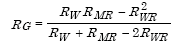 Capital R subscript Capital W R equals the quotient of parenthesis Capital R subscript Capital W times Capital R subscript Capital M R minus the square of Capital R subscript capital W R parenthesis divided by parenthesis Capital R subscript Capital W plus Capital R subscript Capital M R minus the product of 2 times Capital R subscript Capital WR parenthesis.