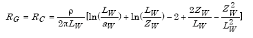 Capital R subscript Capital G equals Capital R subscript C which in turn equals the product of parenthesis lowercase rho divided by the product of 2 times pi times Capital L subscript Capital W parenthesis times parenthesis the summation of the natural logarithm of the quotient of Capital L subscript Capital W divided by A subscript Capital W plus the natural logarithm of the quotient of Capital L subscript Capital W divided by Capital Z subscript Capital W minus 2 plus parenthesis 2 times capital Z subscript Capital W divided by Capital L subscript W parenthesis minus the quotient of the square of Capital Z subscript Capital W divided by the square of Capital L subscript Capital W parenthesis.