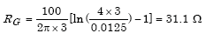 Given lowercase rho equals 100 ohm-meters, Capital L subscript Capital R equals 3 meters, A subscript Capital R equals 0.0125 meters. Capital R subscript Capital G equals the product of parenthesis 100 divided by parenthesis 2 times pi times 6 parenthesis times parenthesis the summation of the natural logarithm of parenthesis 4 times 3 divided by 0.01 parenthesis minus 1 parenthesis which in turn equals 18.0 ohms.