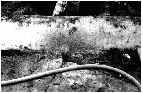 Figure 5-20. Entry hole for curb crossing installations. Photograph of a hole in a curb that allows lead-in wire to reach the pull box. 