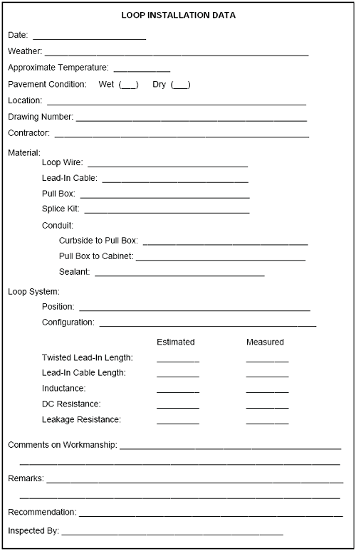 Figure 5-35. Representative inductive loop installation data sheet. Data sheet that lists all parameters needed to completely record the materials used to install the wire loop, and record the installation and test measurement data. 