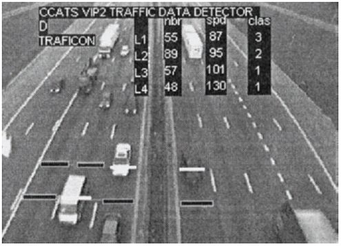 Figure 5-63. Image and data displays for Traficon VIP2 traffic data detector. Photograph of freeway traffic and corresponding flow data produced by a video image processor. 