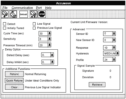 Figure 5-67. Accuwave 150LX microwave sensor interface and setup options screen. Video screen image captured during setup of 150LX sensor. Shows sensor setup parameters. 