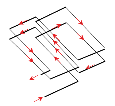 FIGURE A-9.	TWO TURN QUADRUPOLE LOOP. Use and design quadrupole loops are discussed in sChapter 4. The figure shows that the loop is wired in the shape of a figure 8 with the wires in the middle of the 8 all going in the same direction to enhance sensitivity to detecting small vehicles.