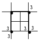 Row 18 —Square with very small black circles at each corner. Straight lines connect the center of each side of the square to the center of the square. Horizontal lines shoot off to the right and left of the top and bottom of the square. Vertical lines shoot off to the top and bottom of the page from the right and left sides of the square. The numeral 3 is printed on the lower left and lower right shooting lines and the bottom lines of the square. The numeral 3 is also printed on the upper right vertical shooting line and the lower left vertical shooting line. All of this represents item 17, with number 2/0 wire, 4 rods, 2 ties, 8 tails.