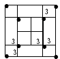 Row 19 —Square with very small black circles at each corner. Straight lines connect the center of each side of the square to the center of the square. Horizontal lines shoot off to the right and left of the top and bottom of the square. Vertical lines shoot off to the top and bottom of the page from the right and left sides of the square. The numeral 3 is printed on the lower left and lower right shooting lines and the bottom lines of the square. The numeral 3 is also printed on the upper right vertical shooting line and the lower left vertical shooting line. All of this is bounded by an outer square with 4 small black circles at its vertices. All of this represents item 18, with number 2/0 wire, 8 rods, 6 ties.