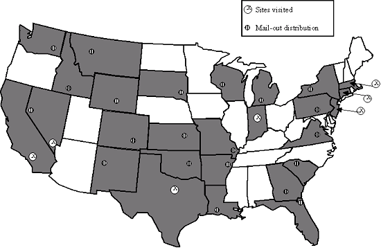 Figure 1. States included as distribution sites. Map of the 48 contiguous States highlighting those States in which driver surveys were distributed