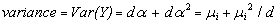 Figure B-4: Formula. [Name of formula.] Variance equals the variance of Y, which in turn equals the quantity D times alpha plus the quantity D times alpha squared, which in turn equals mu sub I plus the quantity mu sub I squared divided by D