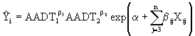 Equation 13. Y tophat subscript I equals AADT subscript 1 raised to the beta subscript 1 power times AADT subscript 2 raised to the beta subscript 2 power, times the exponent of the sum of alpha plus the sum from J equals 3 to N of beta subscript IJ times the values of the non-traffic highway variables at site I during that time period, X subscript IJ.