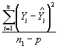 Equation 5. Mean squared error, MSE, equals the sum from I equals 1 to N of the sum of Y subscript I minus Y tophat subscript I, squared, all divided by the estimation data sample size, N subscript 1, minus degrees of freedom lost, P.