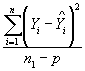 Equation 5. Mean squared error, MSE, equals the sum from I equals 1 to N of the sum of Y subscript I minus Y tophat subscript I, squared, all divided by the estimation data sample size, N subscript 1, minus degrees of freedom lost, P.