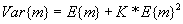 Equation 7. The estimated variance of the mean accident rate, Var open bracket M closed bracket, equals the estimated mean accident rate, E open bracket M closed bracket, plus the estimated overdispersion parameter, K, times E open bracket M closed bracket squared.