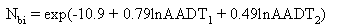 Equation 8. The expected number of annual intersection-related collisions, N subscript BI, equals the exponent of the sum of negative 10.9 plus 0.79LN of the average daily traffic volume on the major road, AADT subscript 1, plus 0.49LN of average daily traffic volume on the minor road, AADT subscript 2.