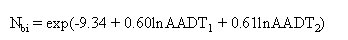 Equation 9. N subscript BI equals the exponent of the sum of negative 9.34 plus 0.60LN of AADT subscript 1 plus 0.61LN of AADT subscript 2.