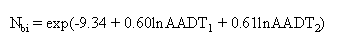 Equation 9. N subscript BI equals the exponent of the sum of negative 9.34 plus 0.60LN of AADT subscript 1 plus 0.61LN of AADT subscript 2.