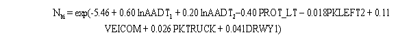 Equation 10. N subscript BI equals the exponent of the sum of negative 5.46 plus 0.60LN of AADT subscript 1 plus 0.20LN of AADT subscript 2 minus 0.40 times the presence of protected left-turn signal phase on one or more major-road approaches (1 if present; 0 if not present), PROT_LT, minus 0.018 times the percentage of minor-road traffic that turns left at the signal during the morning and evening hours combined, PKLEFT2, plus 0.11 times grade rate for all vertical curves (crests and sags) within 76 meters (250 feet) of the intersection along the major and minor roads, VEICOM, plus 0.026 times the percentage of trucks (vehicles with more than four wheels) entering the intersection for the morning and evening hours combined, PKTRUCK, plus 0.041 times the number of driveways within 76 meters (250 feet) of the intersection on the major road, DRWY1.