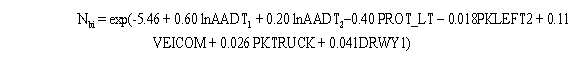 Equation 10. N subscript BI equals the exponent of the sum of negative 5.46 plus 0.60LN of AADT subscript 1 plus 0.20LN of AADT subscript 2 minus 0.40 times the presence of protected left-turn signal phase on one or more major-road approaches (1 if present; 0 if not present), PROT_LT, minus 0.018 times the percentage of minor-road traffic that turns left at the signal during the morning and evening hours combined, PKLEFT2, plus 0.11 times grade rate for all vertical curves (crests and sags) within 76 meters (250 feet) of the intersection along the major and minor roads, VEICOM, plus 0.026 times the percentage of trucks (vehicles with more than four wheels) entering the intersection for the morning and evening hours combined, PKTRUCK, plus 0.041 times the number of driveways within 76 meters (250 feet) of the intersection on the major road, DRWY1.