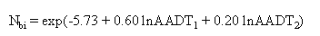 Equation 11. N subscript BI equals the exponent of the sum of negative 5.73 plus 0.60LN of AADT subscript 1 plus 0.20LN of AADT subscript 2.