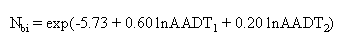 Equation 11. N subscript BI equals the exponent of the sum of negative 5.73 plus 0.60LN of AADT subscript 1 plus 0.20LN of AADT subscript 2.