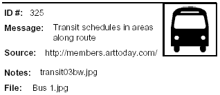 Icon Message: Transit schedules in areas along route. Clip art of bus