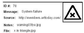Icon Message: System Failure (icon design is a triange with an X inside it)