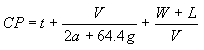 Change period equals perception-reaction time of the motorist plus the quotient of the speed of the approaching vehicle in feet per second divided by the sum of 2 times the comfortable deceleration rate of the vehicle in feet per second squared plus 64.4 times the grade of the intersection approach (percent) (positive for upgrade, negative for downgrade), plus the quotient of the sum of the width of the intersection from curb to curb in feet and the length of the vehicle in feet, divided by the speed of the approaching vehicle in feet per second.