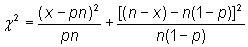 The chi-square test value equals the quotient of the square of (X, which is the frequency of the collision type being investigated, minus the product of P, which is the average ratio for the collision type being investigated, times N, which is the total number of collisions at the site), all divided by P times N, plus the quotient of the square of (N minus X, minus N times (1 minus P)), all divided by (N times 1 minus P).