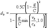 Control delay, in seconds per bicycle, equals the quotient of a numerator divided by a denominator. The numerator equals 0.5 times the signal cycle length, in seconds, times the square of the difference 1 minus the ratio of the effective green time for bicycle lane divided by the signal cycle length, both in seconds. The denominator equals 1 minus the effective green time for bicycle lane divided by the signal cycle length, both in seconds, times minimum of either: the flow rate of bicycles in the bicycle lane (one direction), in bicycles pe r hour, divided by the capacity of the bicycle lane in bicycles per hour, or the value of 1.0. 