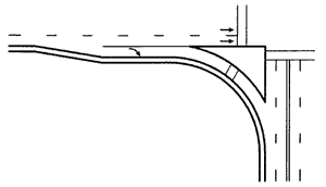 The diagram illustrates (A) how channelization islands and larger curb radii accommodate higher speed right-turn movements and (B) how smaller curb radii can accommodate lower speed right-turn movements. 