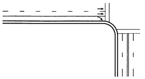 The diagram illustrates (A) how channelization islands and larger curb radii accommodate higher speed right-turn movements and (B) how smaller curb radii can accommodate lower speed right-turn movements. 