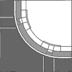 (E) Two combination curb ramps on a corner with a wide turning radius. 