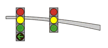 This drawing shows a mast arm with two signal heads: a four-section signal head on the left (from top to bottom: red ball, yellow ball, green ball, green arrow) and a three-section signal head on the right (from top to bottom: red ball, yellow ball, green ball). 