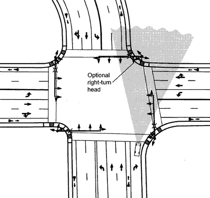 (E) Optional Head #5: Far-side head for right-turning vehicles, located on the mast arm opposite the subject approach. The drawing depicts a car waiting in a right-turn lane, with the optional head located within the lines of sight. 