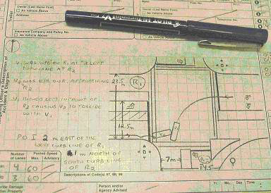 The picture shows a police collision report that contains a handwritten description and a sketch of the intersection and collision; dimensions, vehicle positions, and trajectories are noted. 