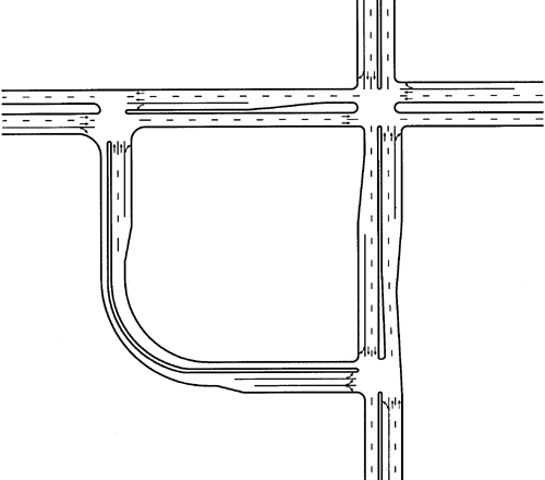 Figure 97. Diagram of a quadrant roadway intersection. Diagram. The diagram shows a quadrant roadway located in the lower left quadrant of the intersection. The quadrant roadway serves all traffic that desires to turn left at the major intersection.