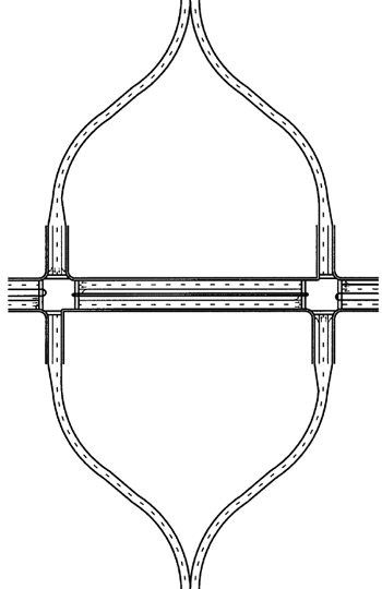 Figure 105. Illustration of a split intersection. Diagram. A split intersection divides the major road into one-way streets, each having a separate intersection with the minor street. The shape of the intersection is similar to that of a diamond interchange but without the grade separation.