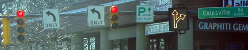 Figure 125. Example use of variable lane use sign to add a third left-turn lane during certain times of day. Photos. (A) The top picture shows a fiber optic variable lane use sign that allows through and right-turn movements in the outside lane. (B) At the same intersection during the evening peak period, the sign changes to allow left-turn, through, and right-turn movements.