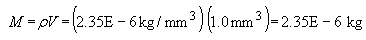 Mass equals PV, which equals the sum of 2.35E minus the quotient of 6 kilograms divided millimeters, cubed, times 1.0 millimeters, cubed, which equals 2.35E minus 6 kilograms.