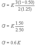 G equals K times the quotient of 3 times the sum of 1 minus 0.50 divided by the product of 2 times 1.25. This then means that G equals K times the quotient of 1.50 divided by 2.50, which means that G equals 0.6K.