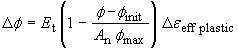 Change in phi equals E subscript T times the sum of 1 minus the quotient of phi minus phi subscript init divided by A subscript N times phi subscript max, all times the change in epsilon subscript eff plastic.