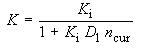 K equals nonporous bulk modulus, K subscript I, divided by the sum of 1 plus the product of K subscript I times the parameter controlling the stiffness before the air voids are collapsed, D subscript 1, times the current porosity, N subscript cur.