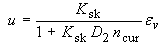 U equals nonporous bulk modulus, K subscript SK, divided by the sum of 1 plus the product of K subscript SK times the parameter for pore-water pressure before the air voids are collapsed, D subscript 2, times the current porosity, N subscript cur, all times the total volumetric strain, epsilon subscript V.