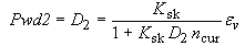 PWD2 equals D subscript 2, which equals K subscript SK divided by the sum of 1 plus the product of K subscript SK times the parameter for pore-water pressure before the air voids are collapsed, D subscript 2, times the current porosity, N subscript cur, all times the total volumetric strain, epsilon subscript V.