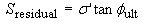 Residual shear strength, S subscript residual, equals effective stress, sigma prime, times the tangent of the residual angle of friction, phi subscript ult.